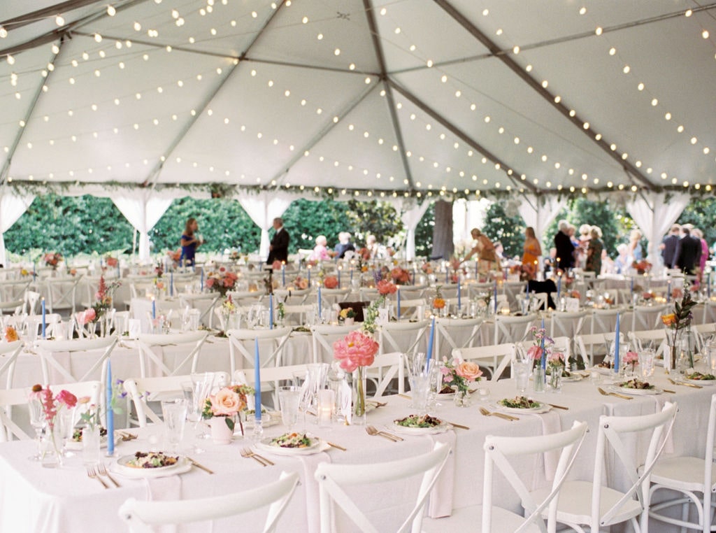Wedding reception outdoors under a tent