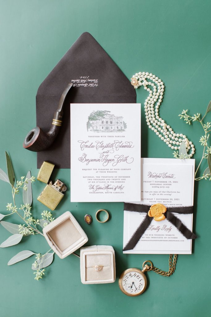 Green and black wedding invitations