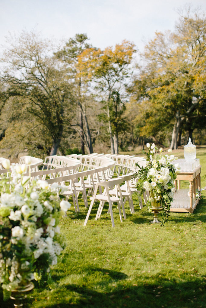 Unusual almond chairs at a wedding ceremony