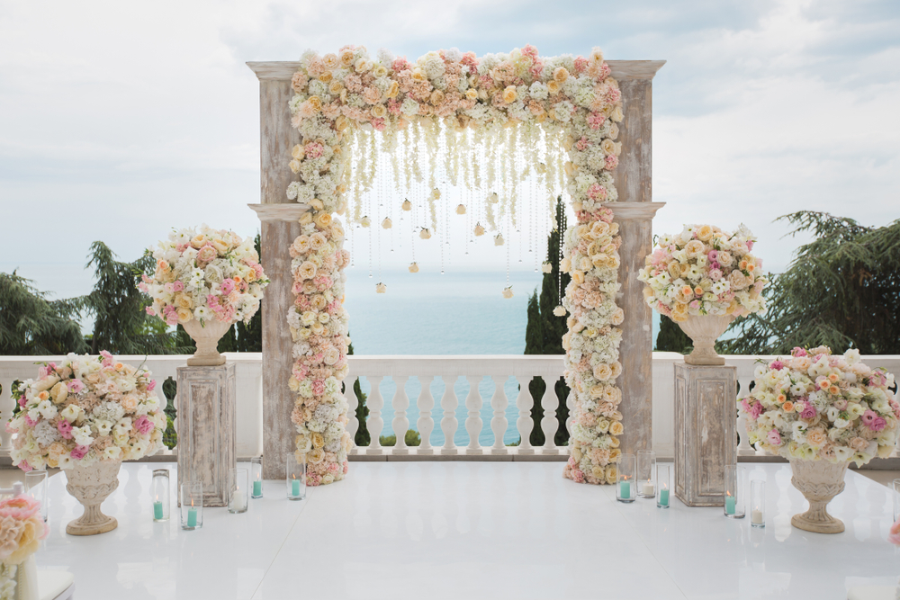 Decorated wedding arbor at wedding reception
