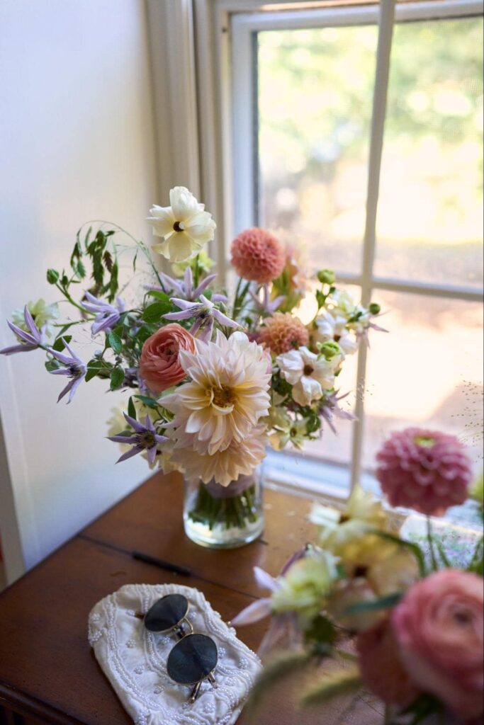 Bridal bouquet with dahlia ranunculus and other spring varieties