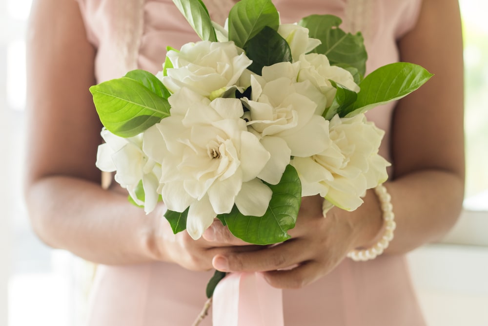 Bridesmaid holding a gardenias bouquet