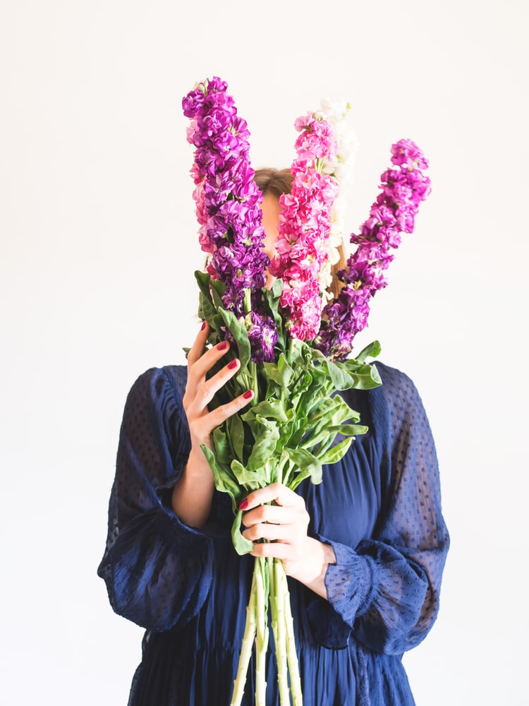 Lady holding a bunch of pink and purple matthiola incana flowers