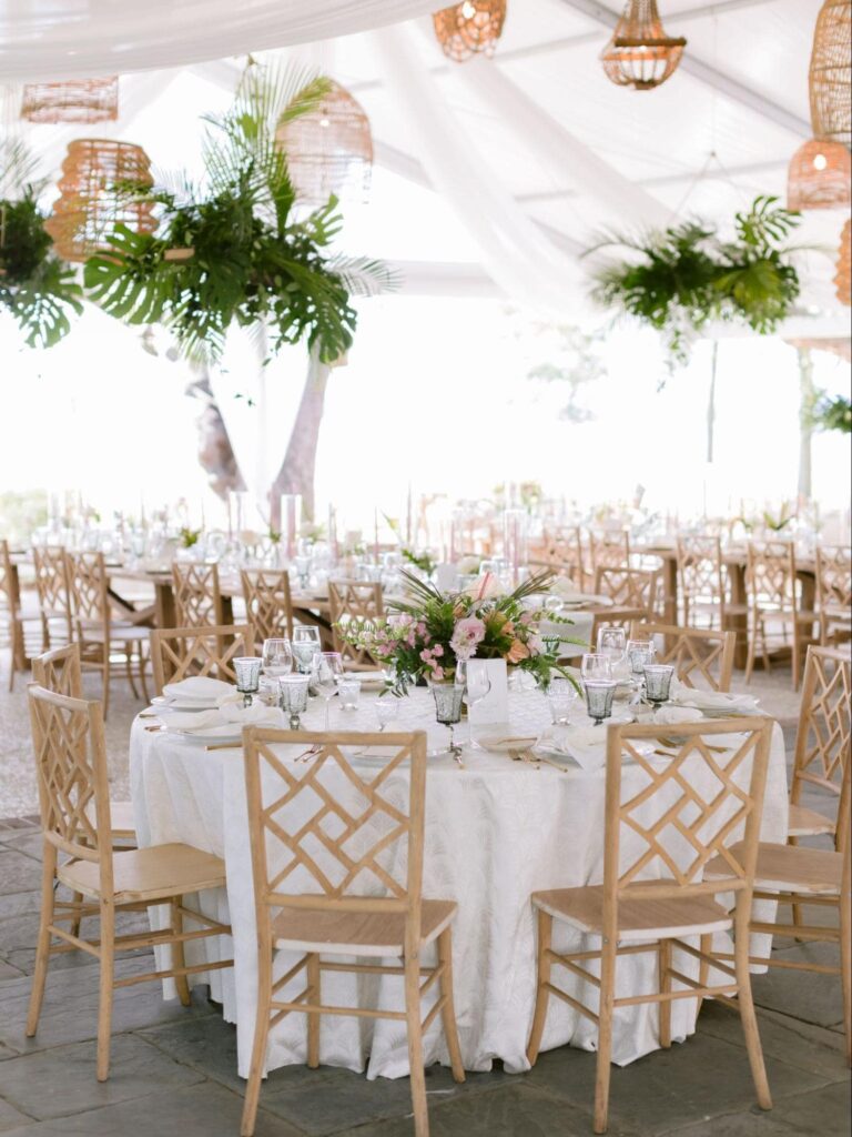 Wedding table setup with long tables