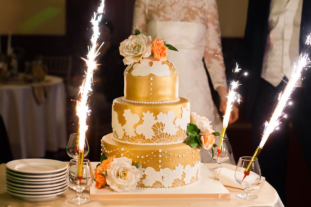 Gold tiered wedding cake