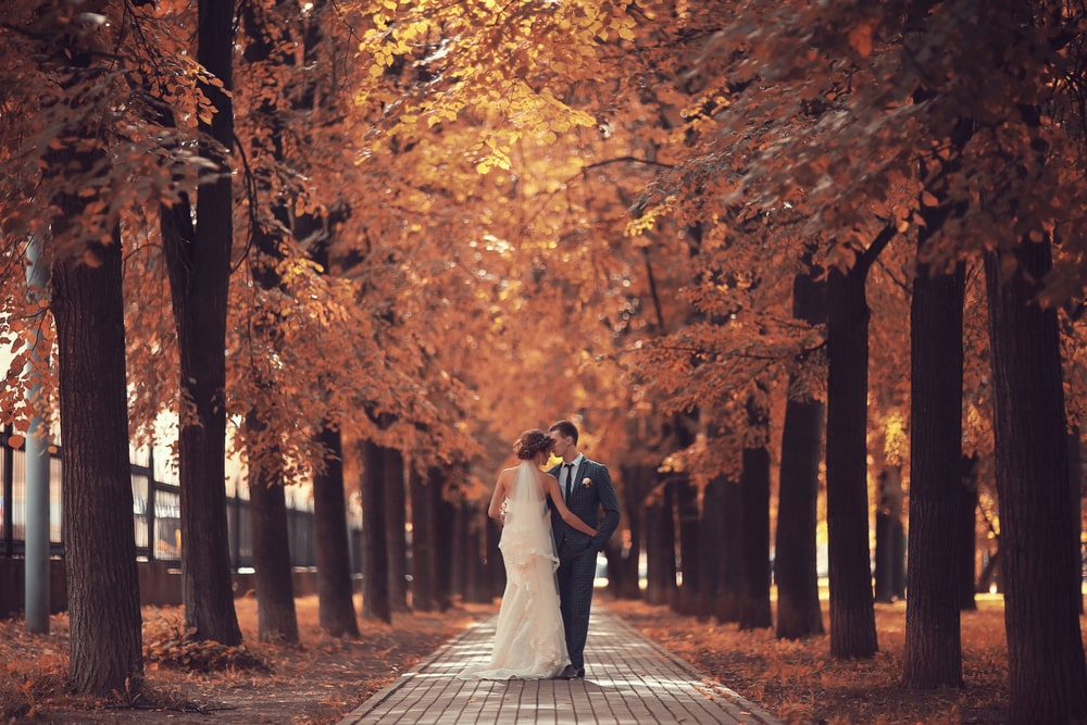 Bride and groom at a beautiful autumn wedding
