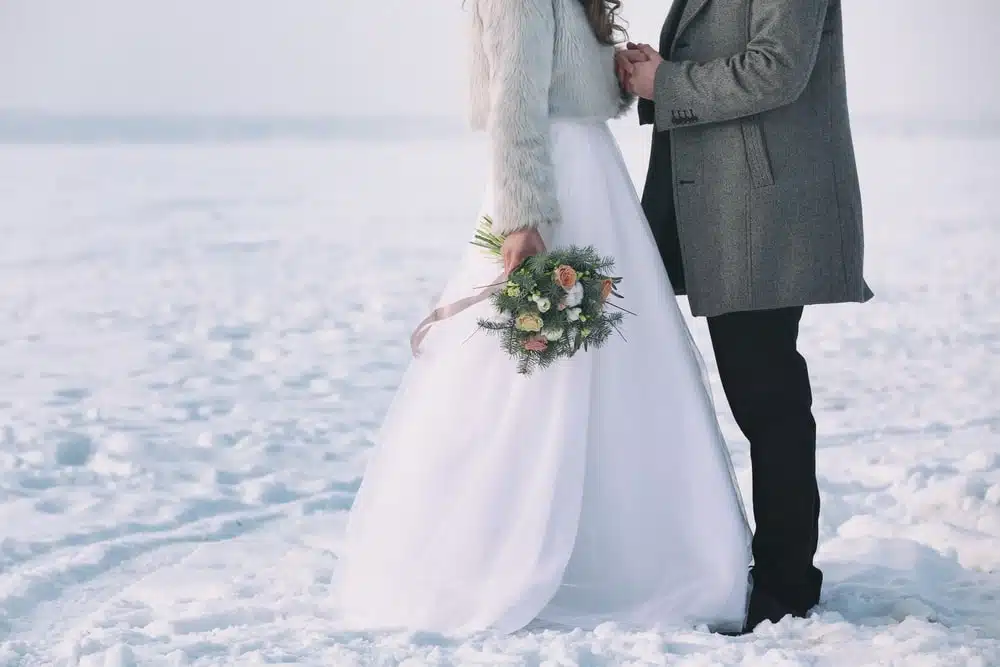 Happy wedding couple outdoors on a winter day Happy wedding couple outdoors on a winter day