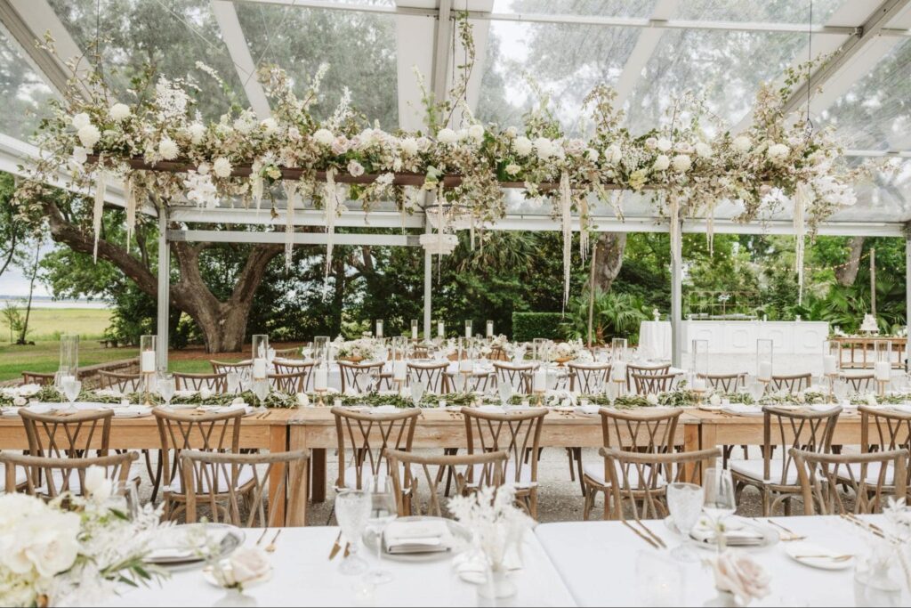 Outdoor wedding venue decorated with neutral tones