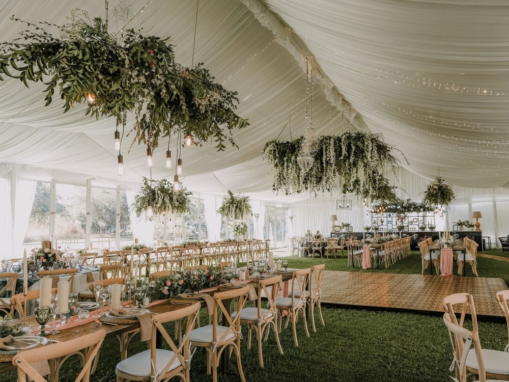Wedding reception with lots of live greens