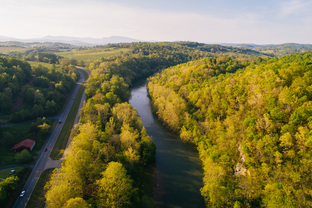 Aerial view of the Maury River and Blue Ridge Mountains, in Buena Vista, Virginia
