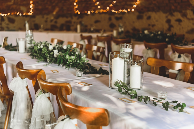 Winter wedding banquet hall in a barn