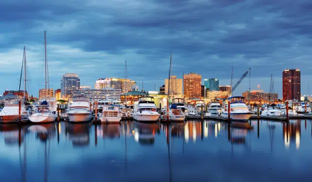 Norfolk, Virginia, USA on the Chesapeake Bay at twilight