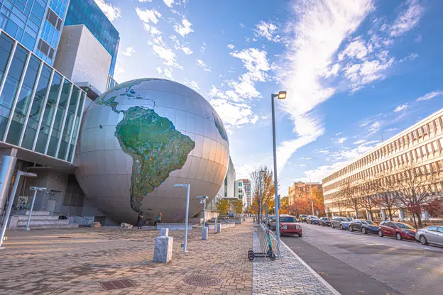 View of North Carolina Museum of Natural Sciences in sunset