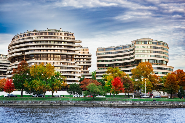 The Watergate Hotel complex from the Potomac River in Washington, DC