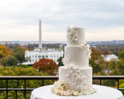 wedding cake in the background of Washington DC landmark- white house and washington monument