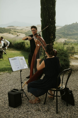 Man plays violin while a woman plays the harp