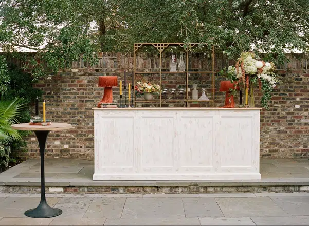 Wedding Decor with bar area, decorations.