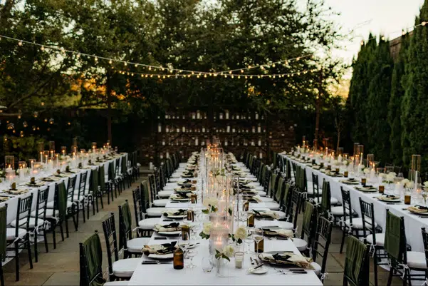 Wedding decor with lights, tables and chairs
