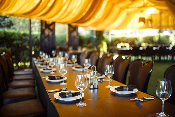 Corporate event dinner in outdoor marquee