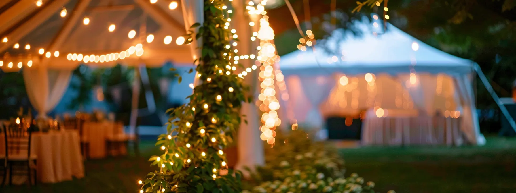 a warm, intimate glow illuminates a cozy outdoor tent adorned with elegant string lights and lush greenery in washington dc.