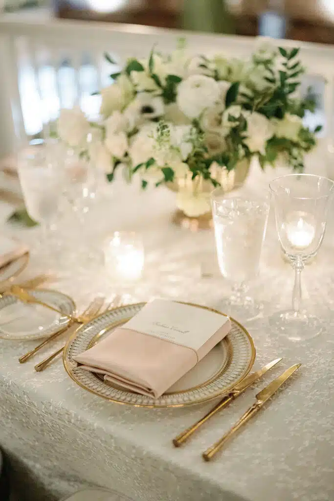 Romantic candlelit wedding table with gold-rimmed plates, blush napkins, and white floral centerpiece.