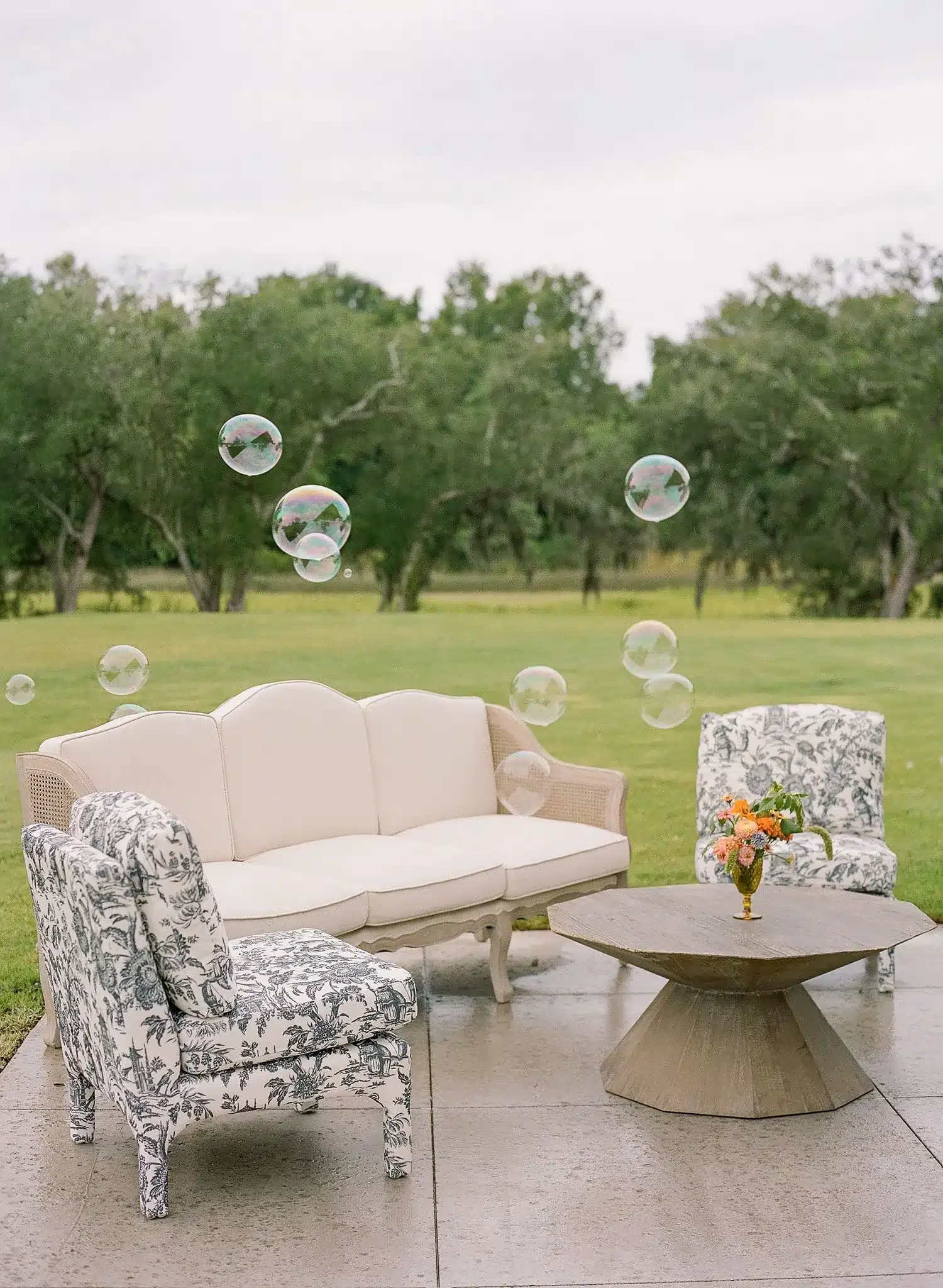 outdoor lounge setup at a wedding
