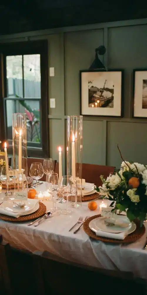 Warm holiday table setting with candlelight and seasonal floral arrangements.