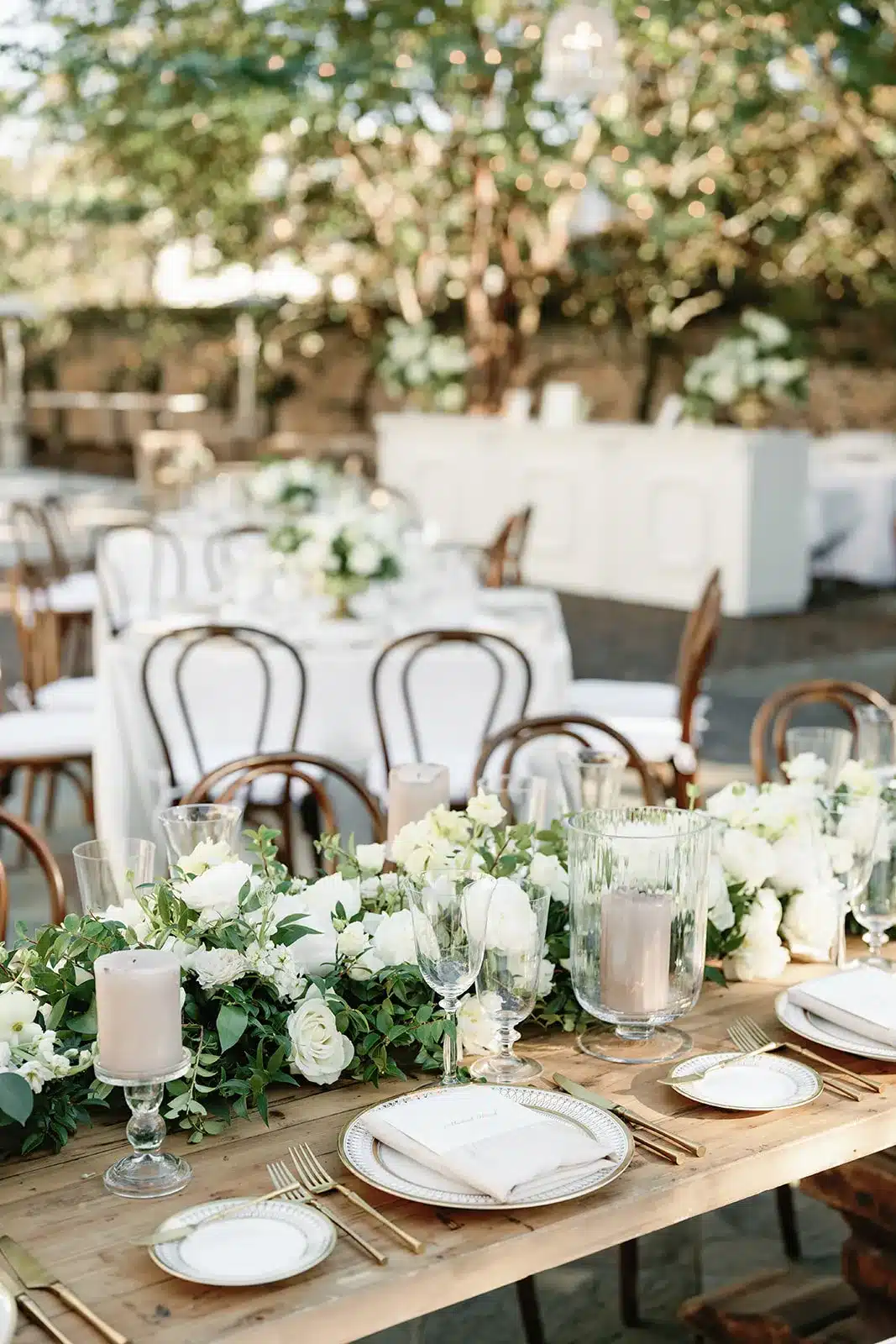 Wood banquet table styled with white roses, gold flatware, and layered china.