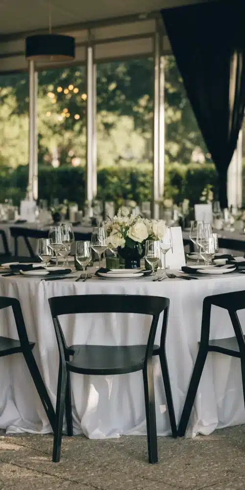 Spacious indoor event tables with minimal place settings and soft floral centerpieces.