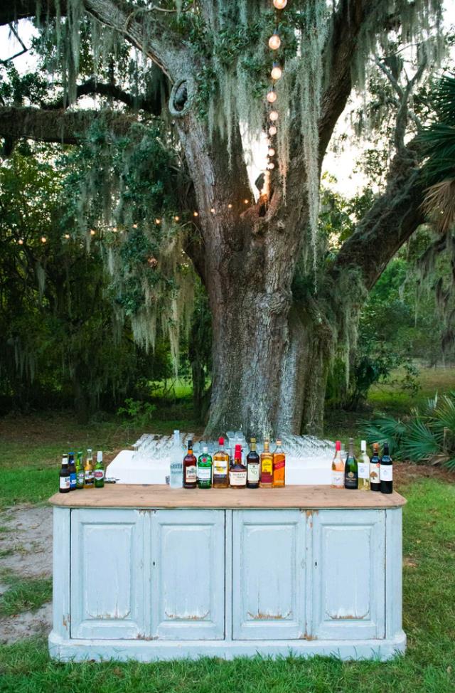 Rustic bar with wooden countertop and arranged spirits set beneath a large tree