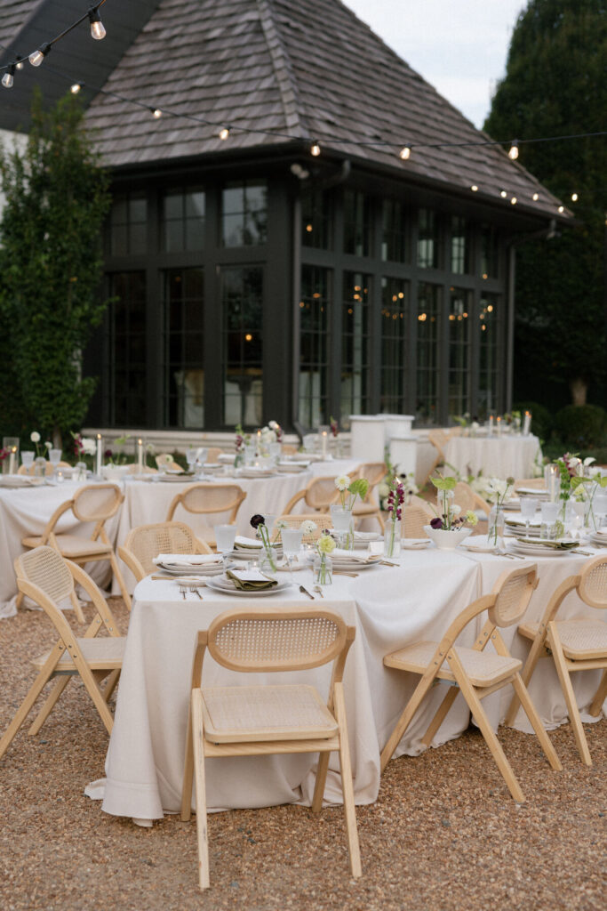 garden wedding reception outdoor with string lights and pavilion