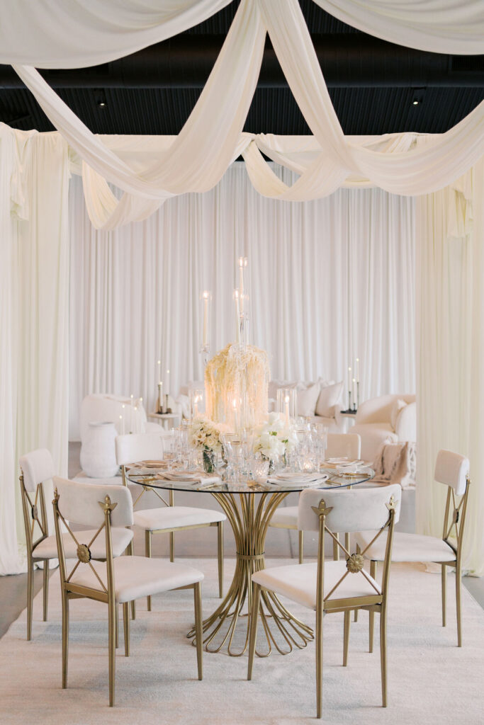 luxury white wedding reception draping elegant table