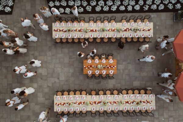 overhead wedding reception with long table seating