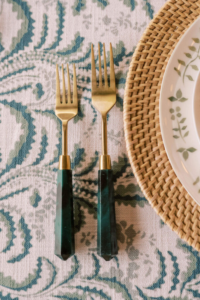 wedding flatware green handles table setting detail
