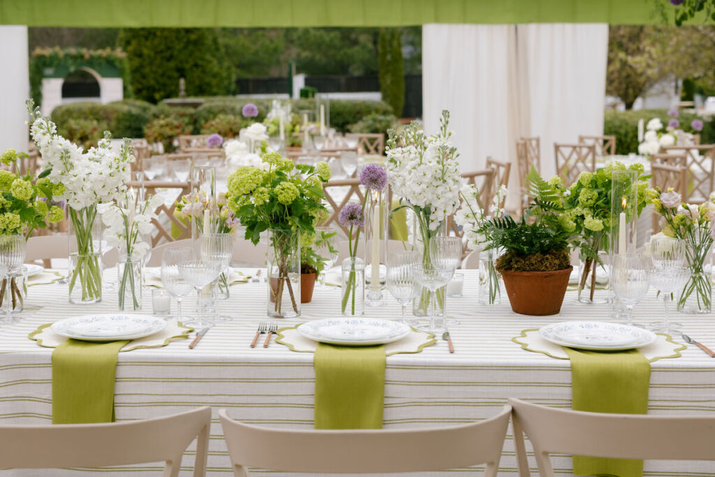 wedding tablescape green floral centerpieces outdoor