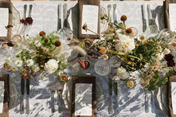 wedding tablescape top view floral centerpieces