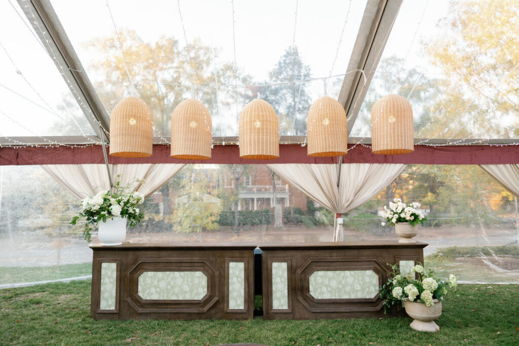 wedding tent bar with rattan pendant lighting