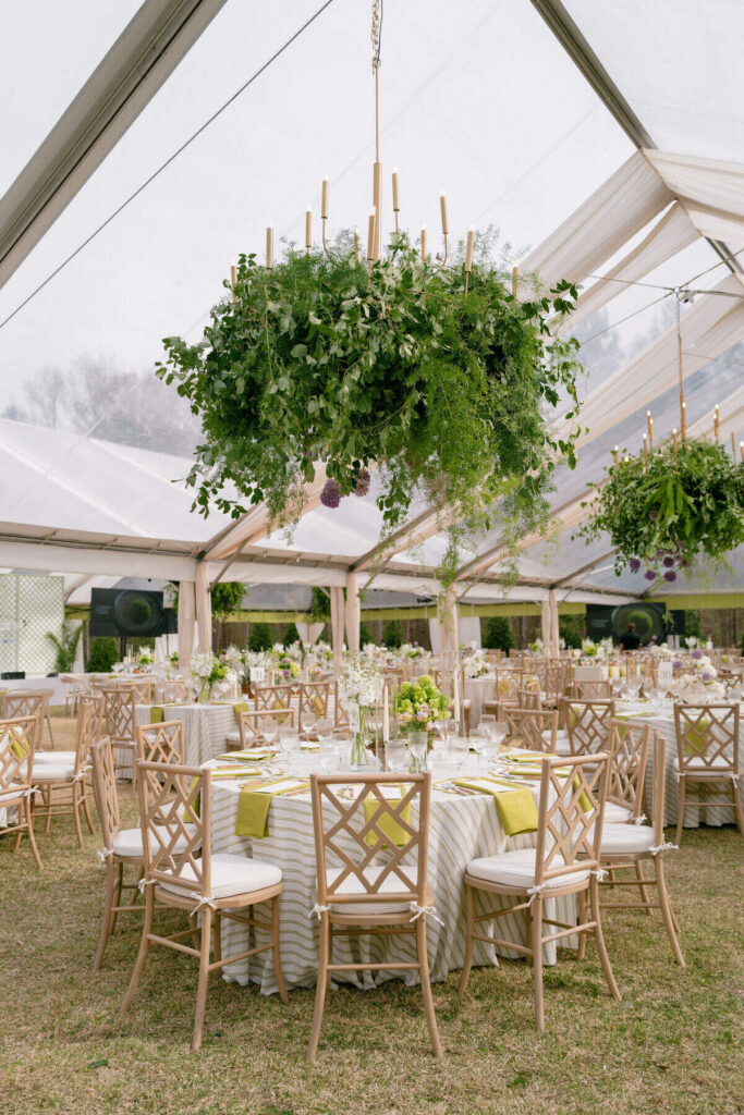 wedding tent hanging greenery chandelier reception