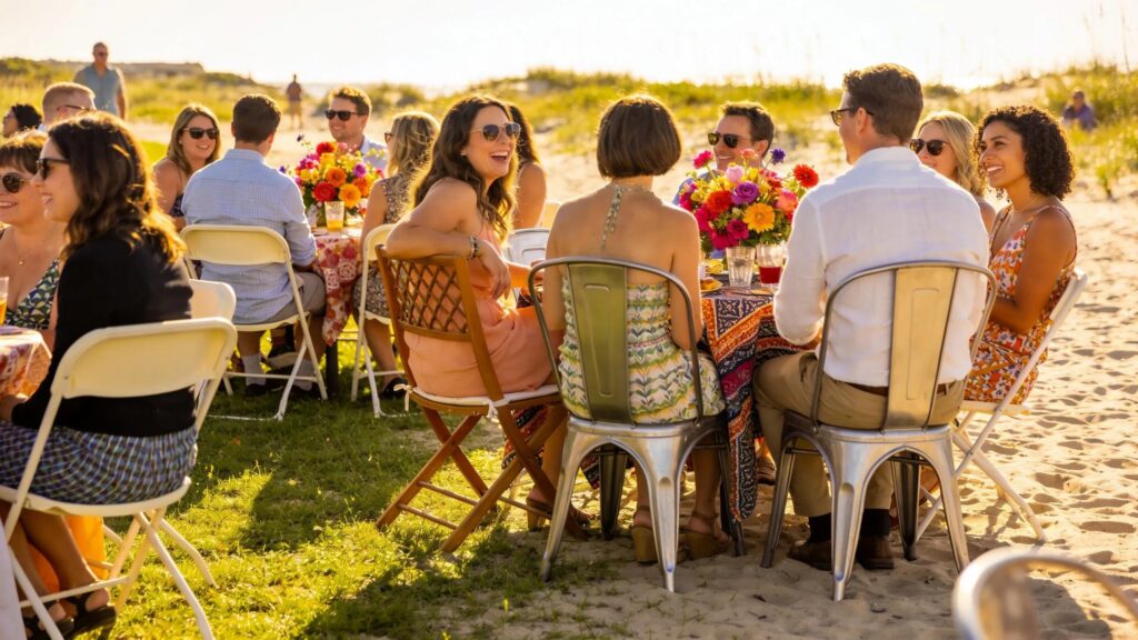 Outdoor event seating with various chair types on grass and sand, showcasing vibrant decorations and a festive atmosphere